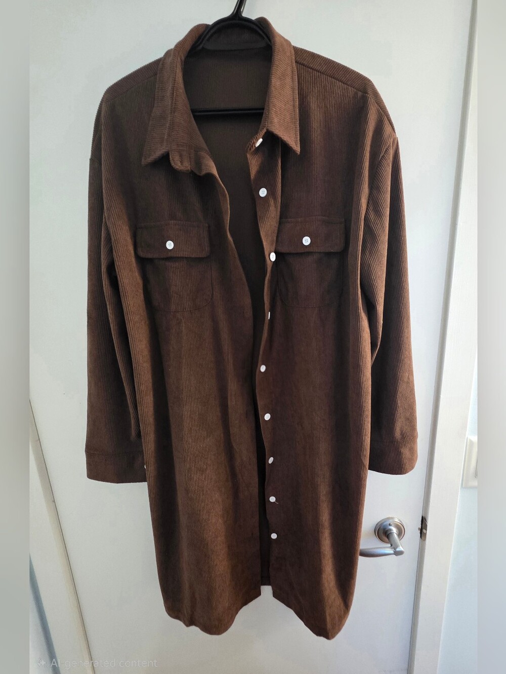 Women Brown Corduroy Button-down Shirt Dress.